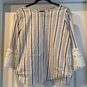 Ann Taylor Navy and White Striped Blouse with Lace Sleeves